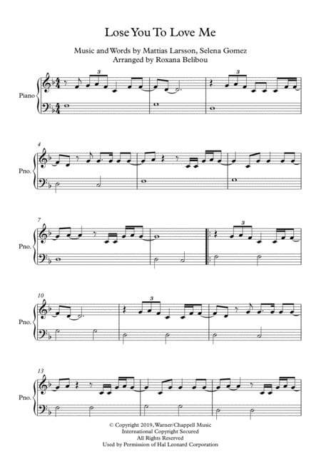 Lose You To Love Me F Major By Selena Gomez Easy Piano Sheet Music