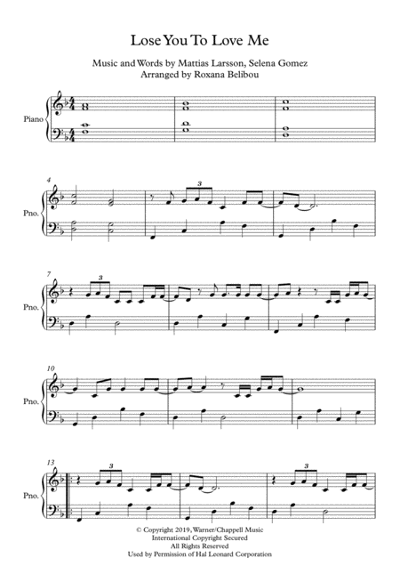 Lose You To Love Me F Major By Selena Gomez Piano Sheet Music