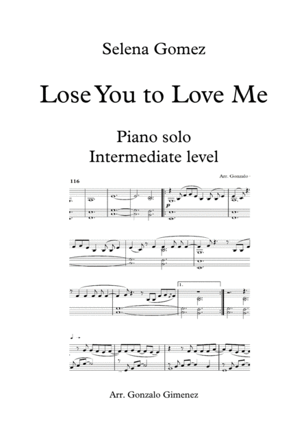 Lose You To Love Me Selena Gomez Piano Solo Intermediate Level Sheet Music