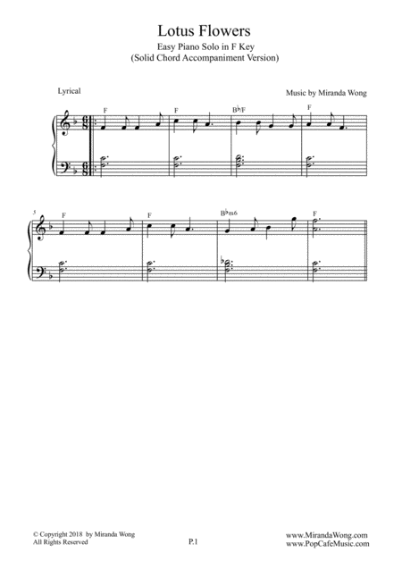 Lotus Flowers Easy Piano Solo In F Key Solid Chords Sheet Music
