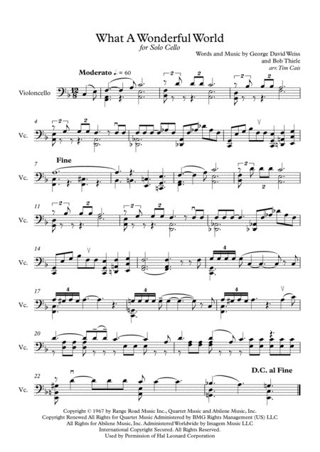 Louis Armstrong What A Wonderful World Solo Cello Sheet Music