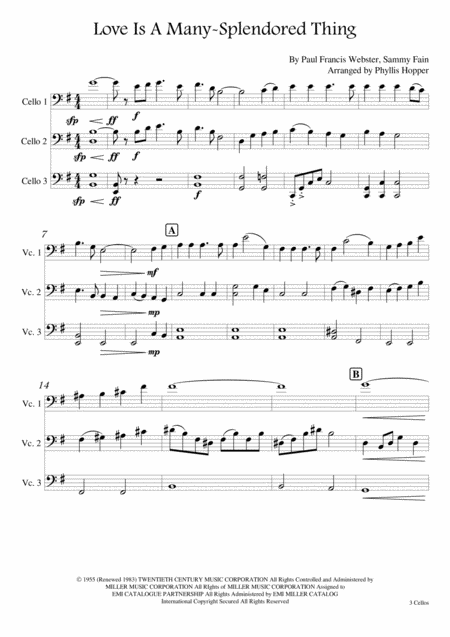 Love Is A Many Splendored Thing Cello Trio Sheet Music