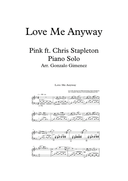 Love Me Anyway Pink Ft C Stapleton Solo Piano Advanced Intermediate Level Sheet Music