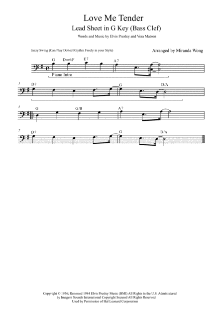 Free Sheet Music Love Me Tender Bassoon Or Trombone Solo In G Key With Chords