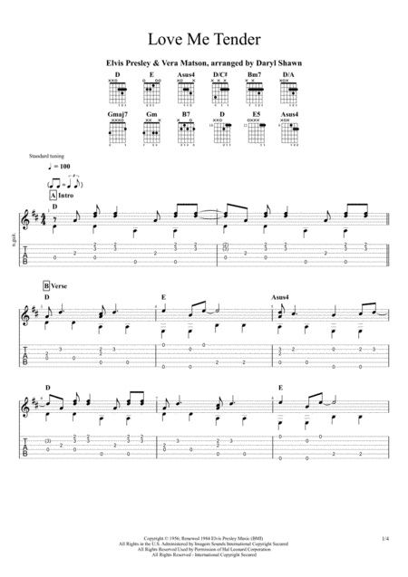 Free Sheet Music Love Me Tender Elvis Presley For Solo Fingerstyle Guitar