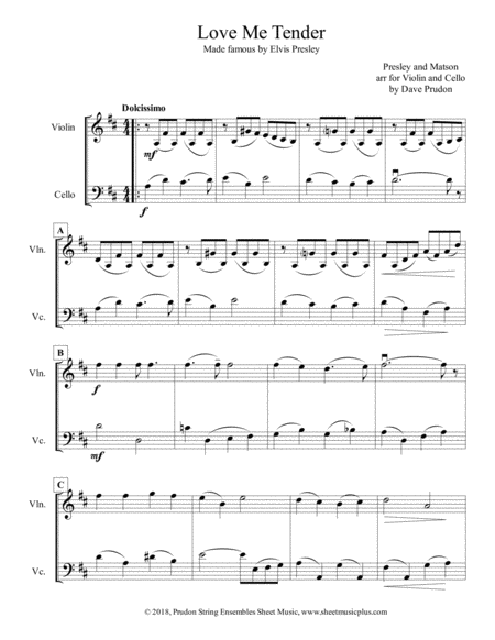 Free Sheet Music Love Me Tender For Violin And Cello