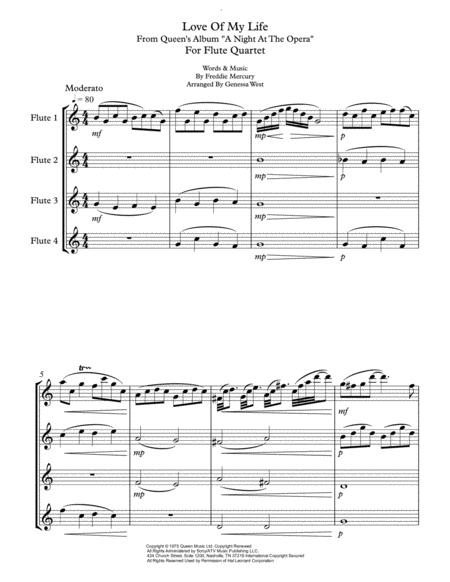 Love Of My Life By Queen For Flute Quartet From Queen Album A Night At The Opera Sheet Music