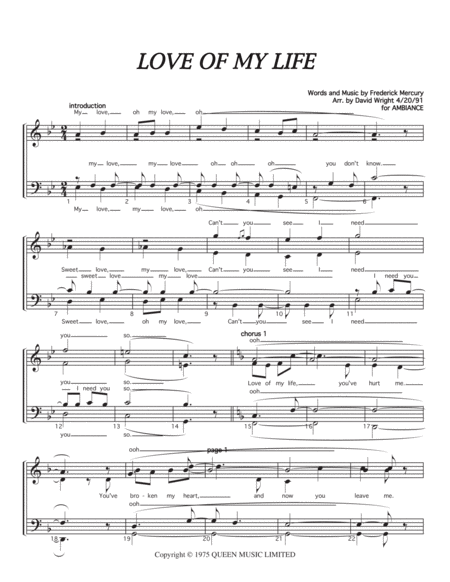 Free Sheet Music Love Of My Life Chorus Pricing