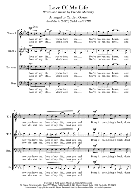 Love Of My Life Queen For Ttbb A Capella Voices Choir Sheet Music