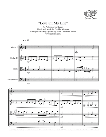 Free Sheet Music Love Of My Life String Quartet Queen Arr Cellobat