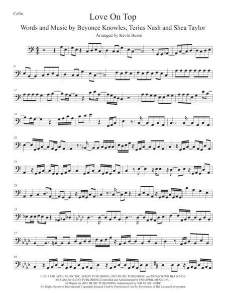 Love On Top Original Key Cello Sheet Music