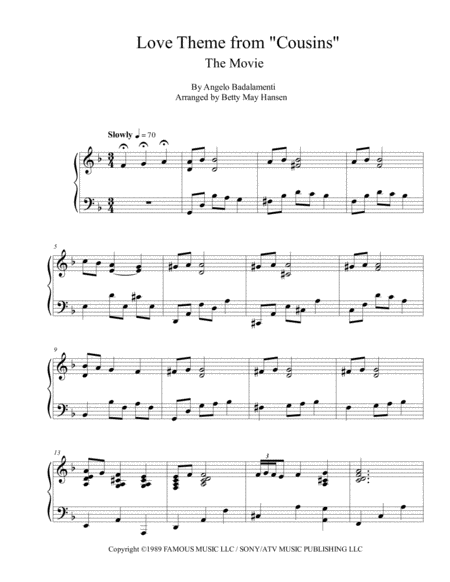 Love Theme From Cousins Movie Music Sheet Music