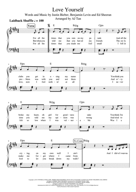 Love Yourself By Justin Bieber Piano Vocal Chords Sheet Music