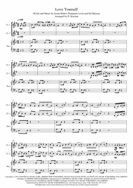 Love Yourself By Justin Bieber Trio 2 Bb Instruments Piano Sheet Music