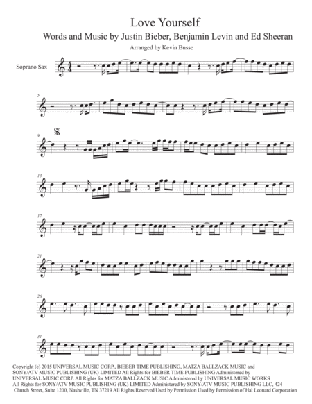 Free Sheet Music Love Yourself Easy Key Of C Soprano Sax