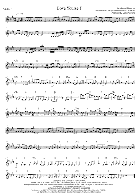 Love Yourself Justin Bieber String Quartet Sheet Music