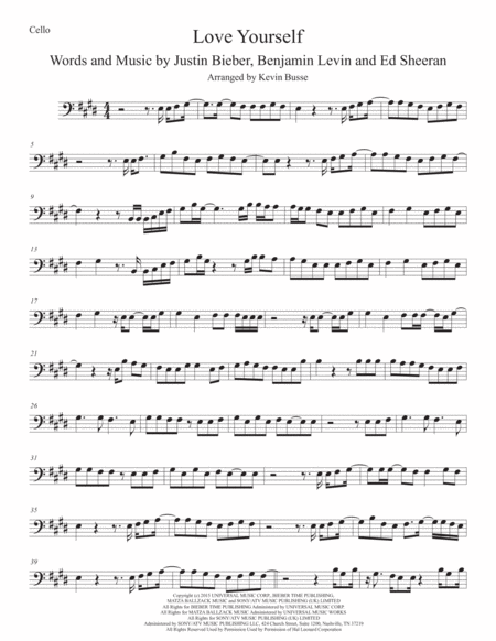 Love Yourself Original Key Cello Sheet Music