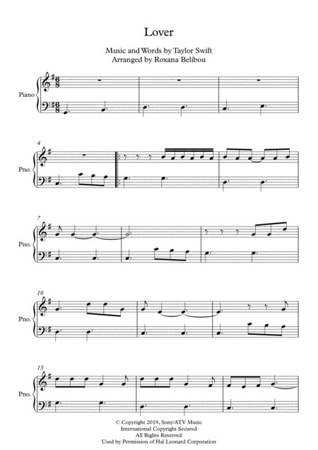 Free Sheet Music Lover By Taylor Swift Easy Piano