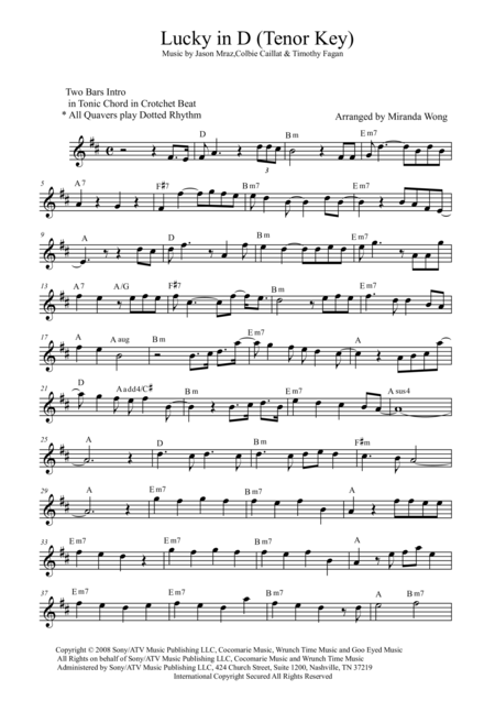 Free Sheet Music Lucky Lead Sheet In D Key Tenor Or Soprano Saxophone Solo