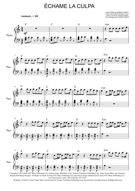 Free Sheet Music Luis Fonsi Demi Lovato Chame La Culpa Easy Piano