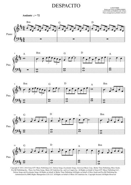 Luis Fonsi Despacito Easy Piano Sheet Sheet Music