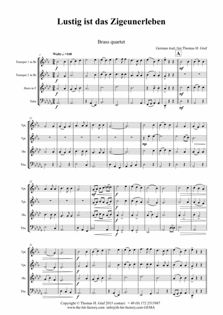 Free Sheet Music Lustig Ist Das Zigeunerleben German Folk Song Oktoberfest Brass Quartet