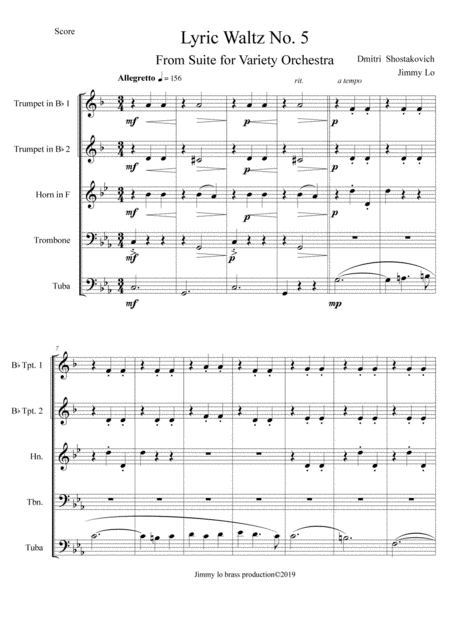 Free Sheet Music Lyric Waltz No 5 From Suite For Variety Orchestra For Brass Quintet