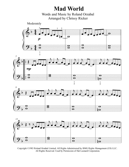 Free Sheet Music Mad World Beginner Big Note Piano