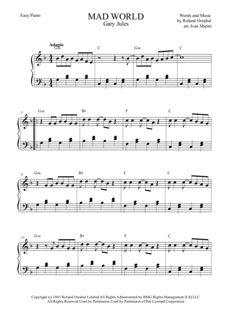 Mad World By Gary Jules Easy Piano Sheet Music