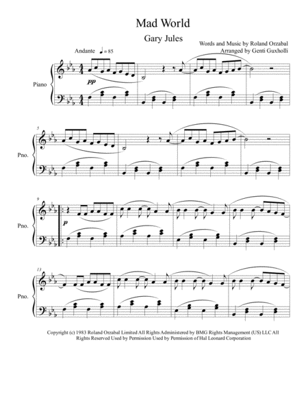 Mad World Piano Solo Sheet Music