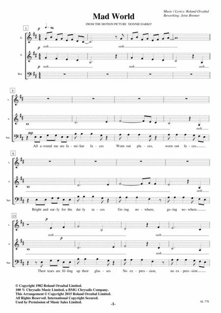 Free Sheet Music Mad World Sabar A Cappella