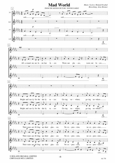 Free Sheet Music Mad World Ssaa A Cappella