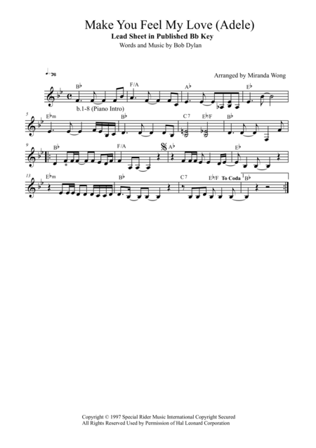 Free Sheet Music Make You Feel My Love Adele Lead Sheet At Published Bb Key With Chords