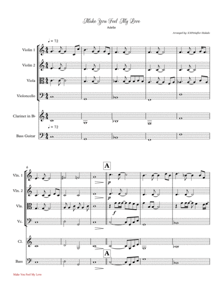 Make You Feel My Love By Adele String Quartet Sheet Music