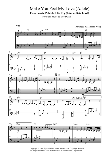 Make You Feel My Love Piano Solo In Published Bb Key Intermediate Level Sheet Music