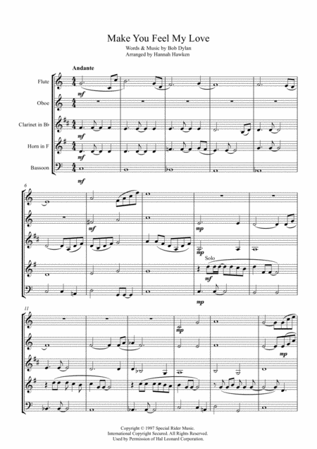 Free Sheet Music Make You Feel My Love Wind Quintet