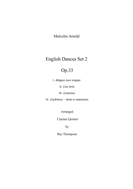 Malcolm Arnold English Dances Set 2 Op 33 Complete Clarinet Quintet Sheet Music