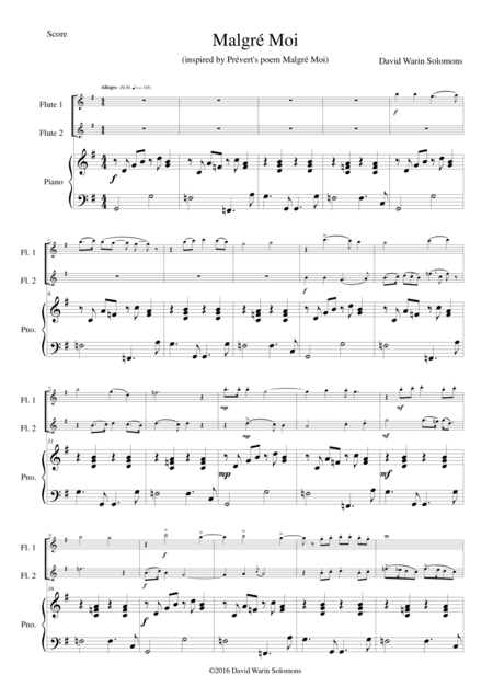 Free Sheet Music Malgr Moi Despite Myself For 2 Flutes And Piano