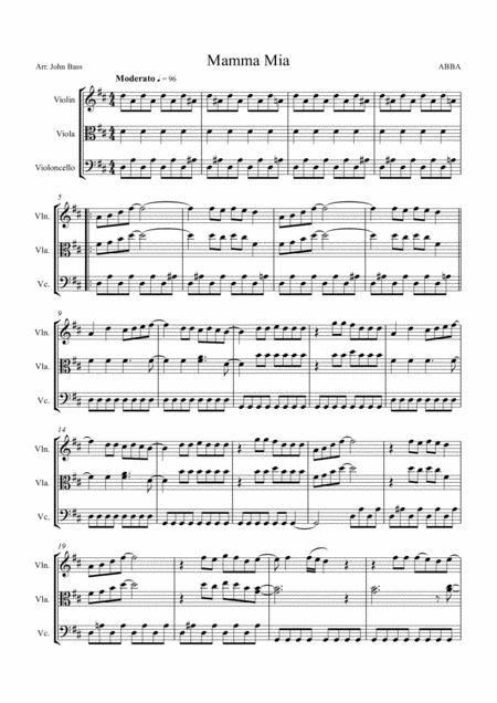 Mamma Mia By Abba Arranged For String Trio Violin Viola And Cello Sheet Music