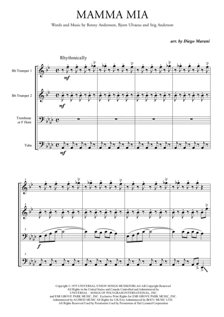 Mamma Mia By Abba For Brass Quartet Sheet Music