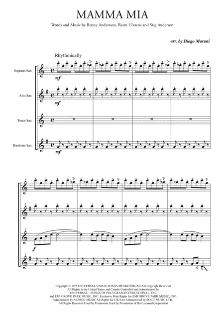 Free Sheet Music Mamma Mia By Abba For Saxophone Quartet