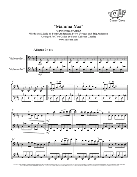 Mamma Mia Cello Duet Abba Arr Cellobat Sheet Music