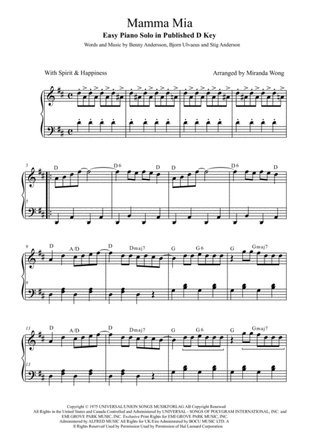 Mamma Mia Easy Piano Solo In Published D Key With Chords Sheet Music