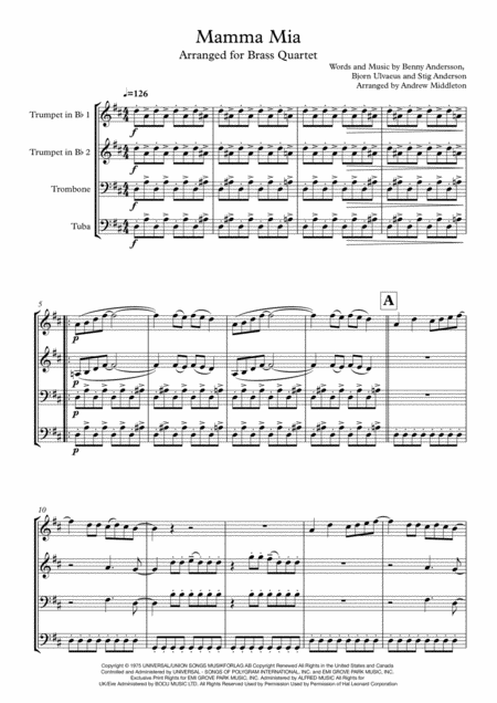 Free Sheet Music Mamma Mia For Brass Quartet