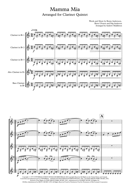 Mamma Mia For Clarinet Quintet Sheet Music