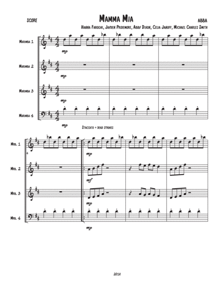 Mamma Mia For Marimba Quartet Sheet Music