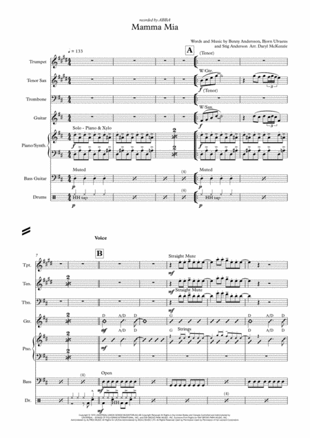 Mamma Mia Vocal With Band 3 Horns Key Of D Sheet Music