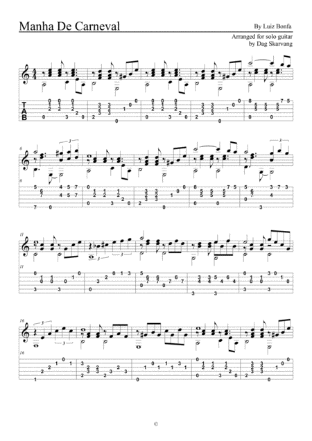 Free Sheet Music Manha De Carneval For Solo Guitar