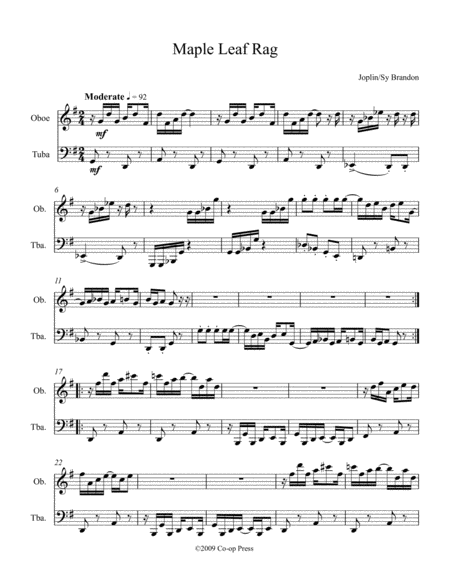 Maple Leaf Rag For Oboe And Tuba Sheet Music