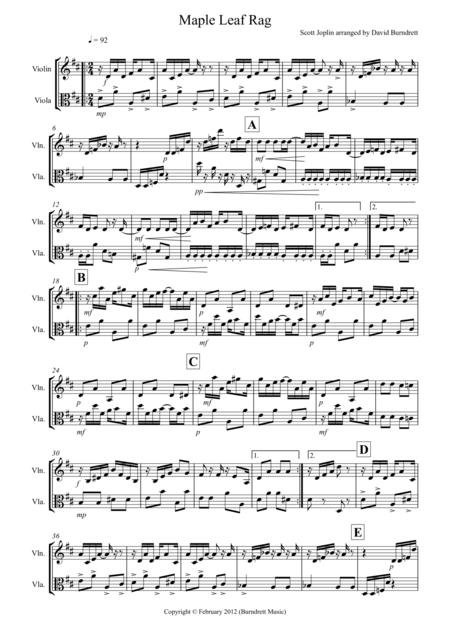 Free Sheet Music Maple Leaf Rag For Violin And Viola